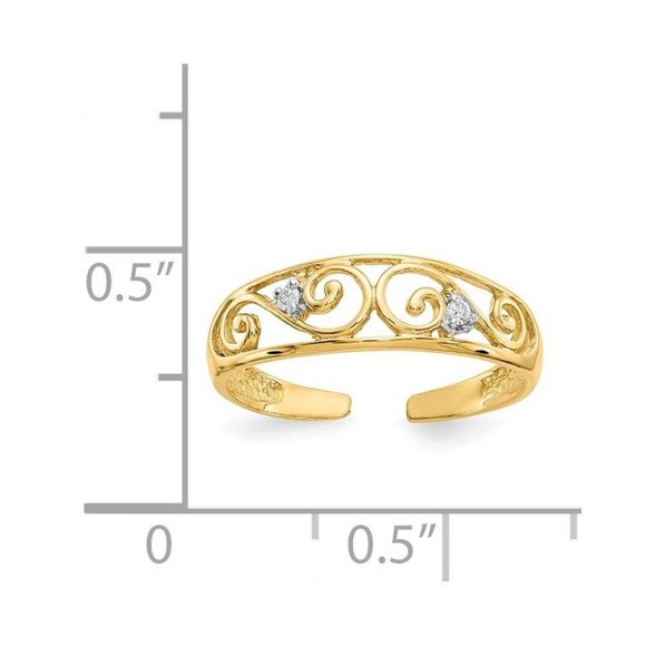 14k Yellow Gold Solid Toe Ring .02ct Diamond Scroll Adjustable - Picture 2 of 4